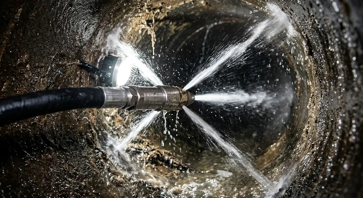High-pressure hydro jetting nozzle cleaning sewer pipe for Trenchless Sewer Repair in Camp Springs