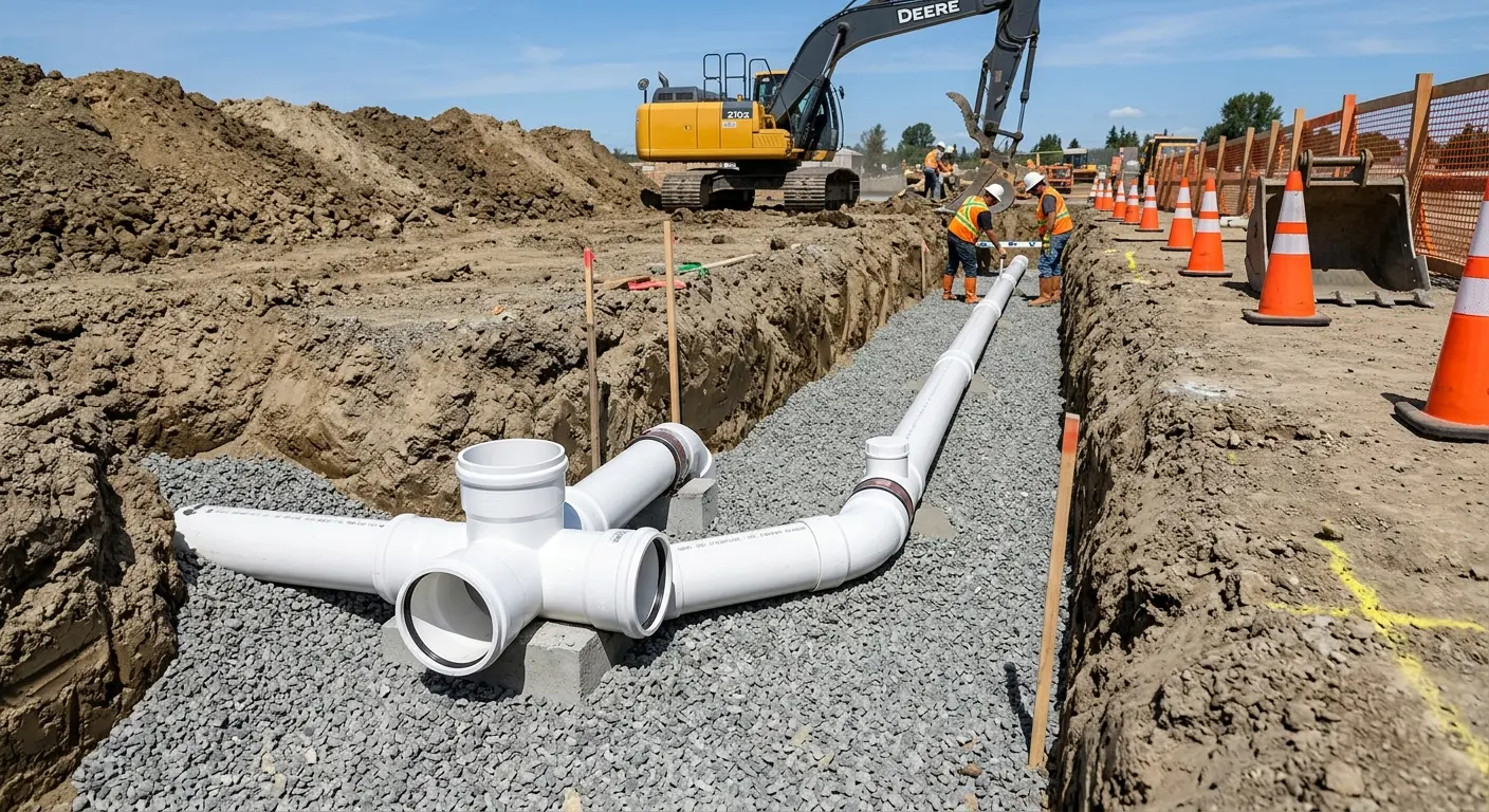New PVC sewer pipe installation in open trench for Commercial Drain Cleaning in Camp Springs