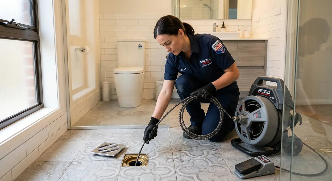 Technician clearing a bathroom floor drain for Sewer Line Replacement in Camp Springs